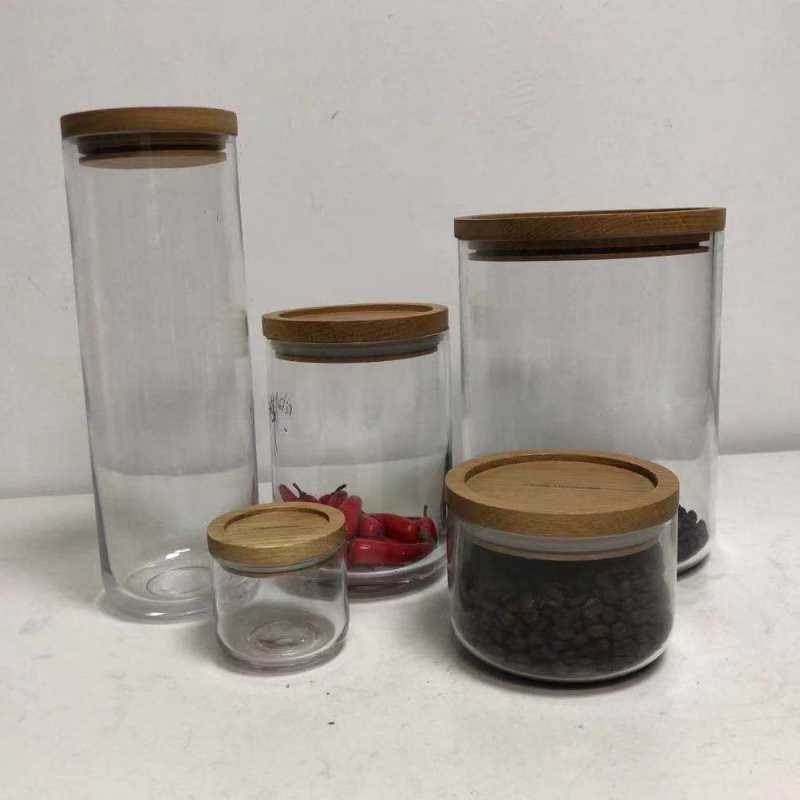 Klarer Glasfutter-Speicher-Kanister-Glaskollektion mit luftdichtem Holzdeckel